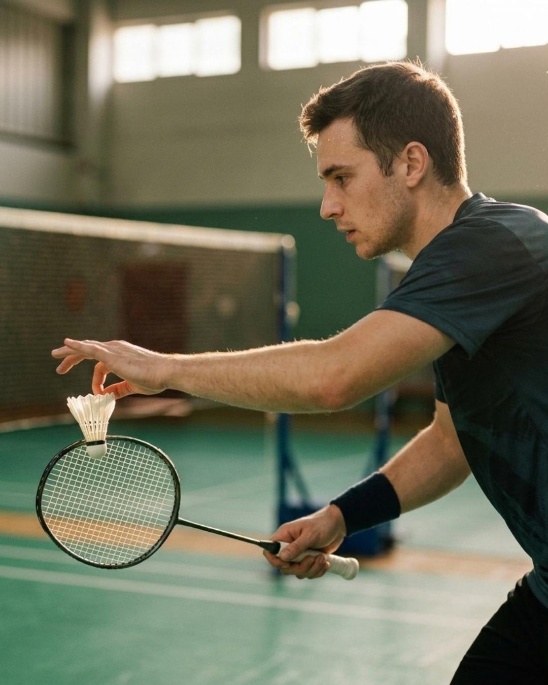 Ein Badmintonspieler beim Aufschlag, den Federball in der Hand — Website-Erstellung für Badminton-Trainer
