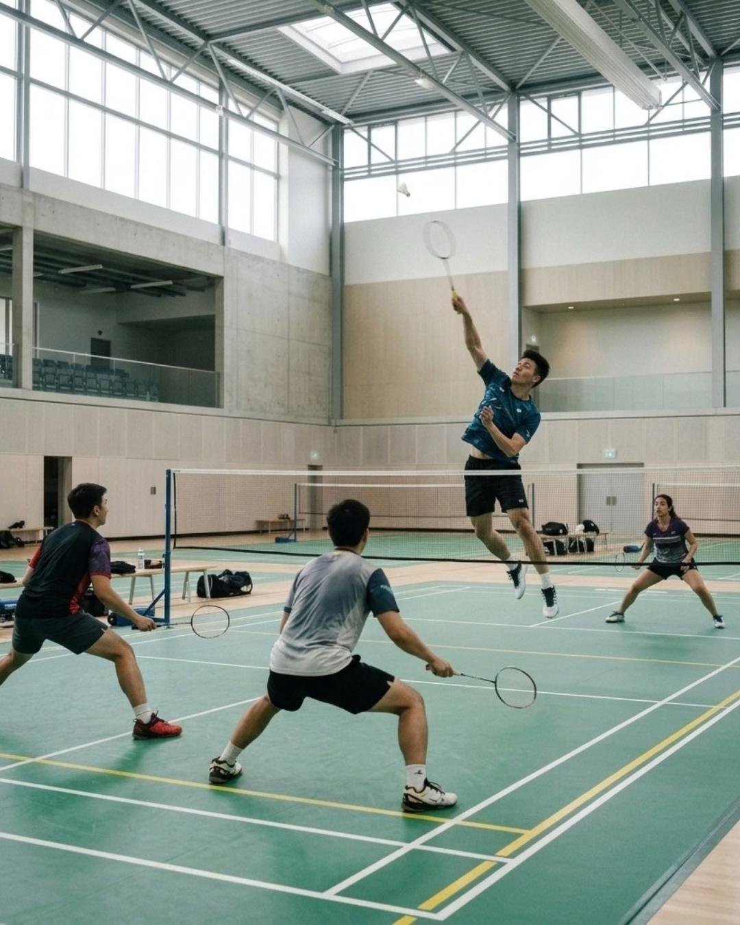 Ein Badminton-Doppel in voller Aktion — Illustration der BetterSport-Seite für Badminton-Trainer