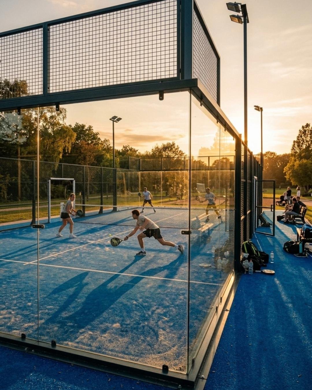 Ein beleuchteter Padelplatz in der Dämmerung — Illustration der BetterSport-Seite für Padel-Trainer