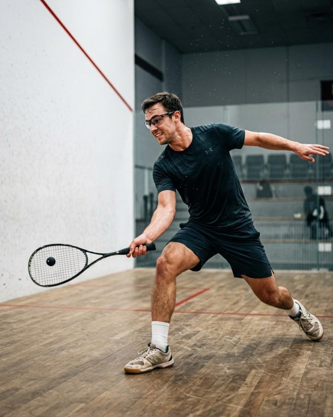 Eine gestreckte Squash-Rückhand — Illustration der BetterSport-Seite für Squash-Trainer
