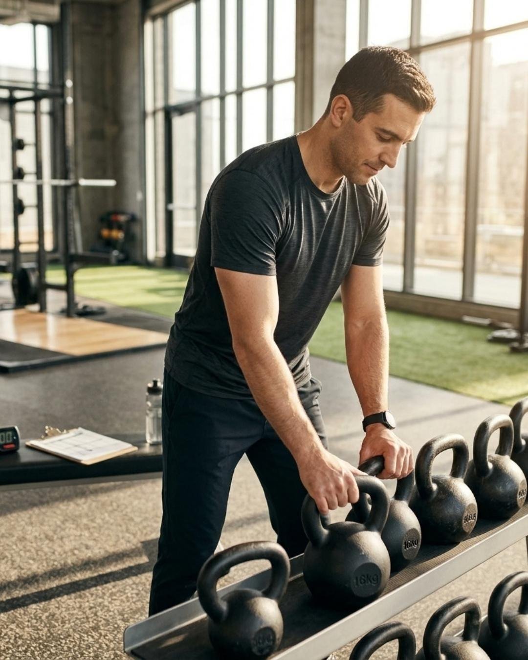 Un entrenador alineando kettlebells antes de la sesión — ilustración de la página preparador físico de BetterSport