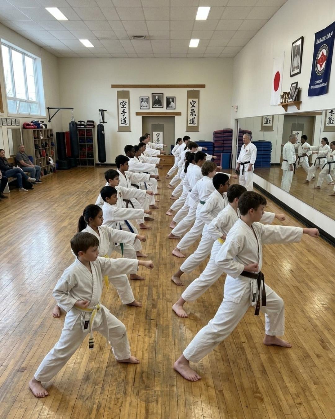 Un corso di karate per bambini schierato nel dojo — sito web di un insegnante di arti marziali