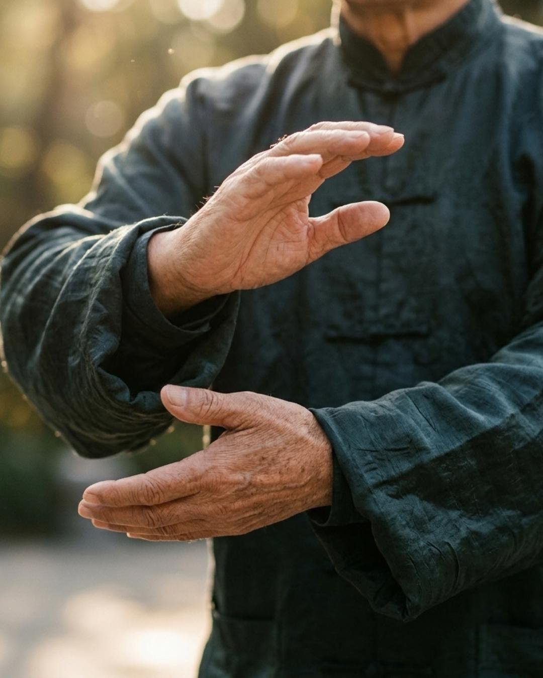 Le mani di un praticante di tai chi in movimento — creazione di siti web per insegnanti di tai chi e qi gong