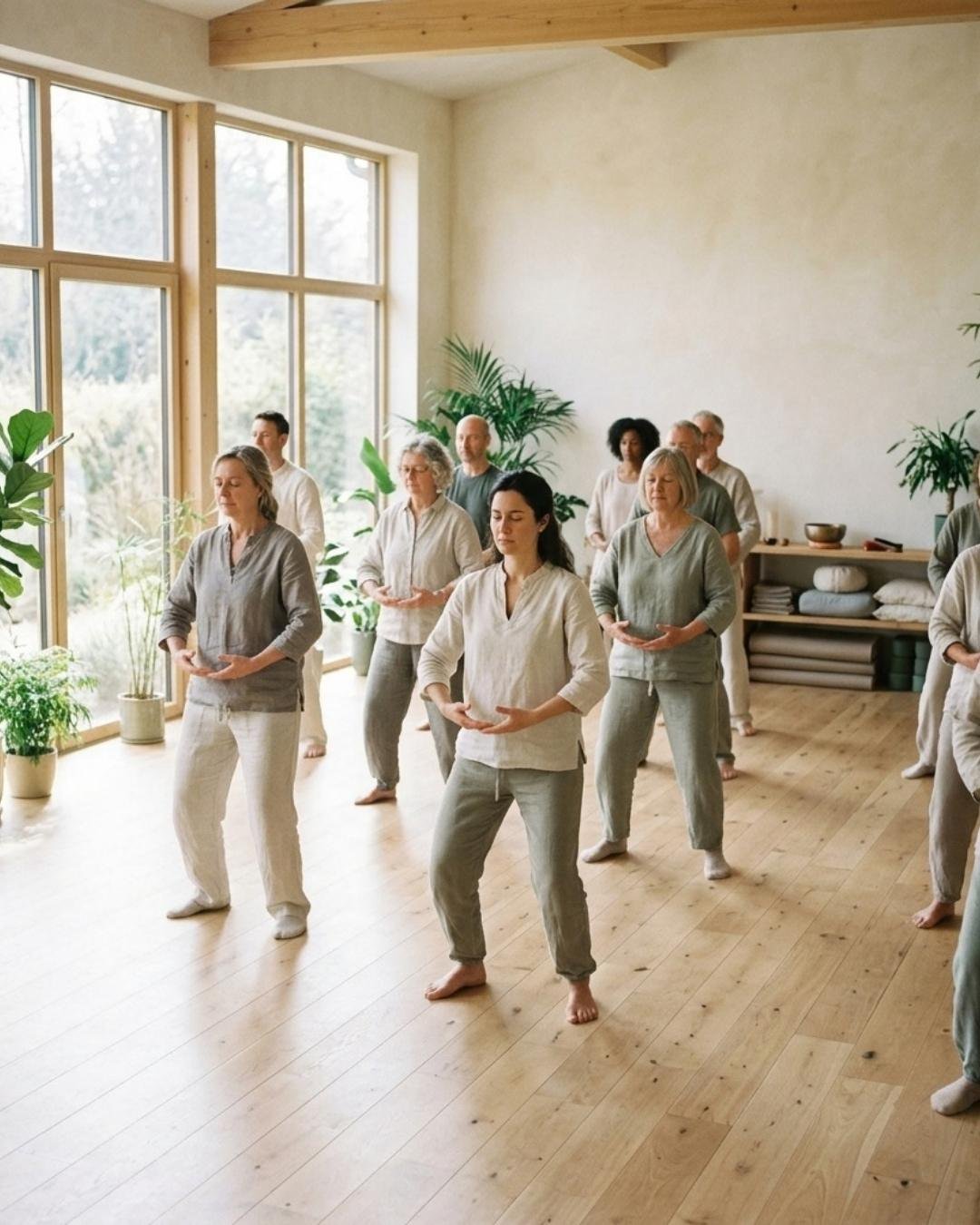 Una clase de gimnasia suave en un estudio luminoso — sitio web de un profesor de yoga