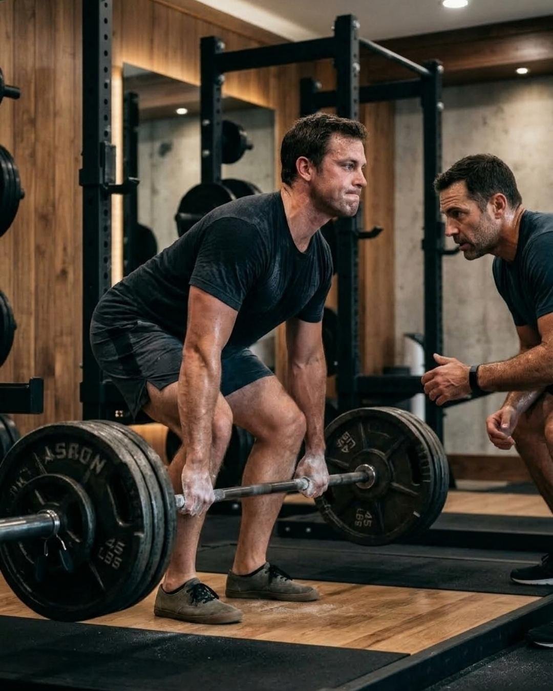 Ein Coach korrigiert ein Kreuzheben — Website eines Fitnessstudios