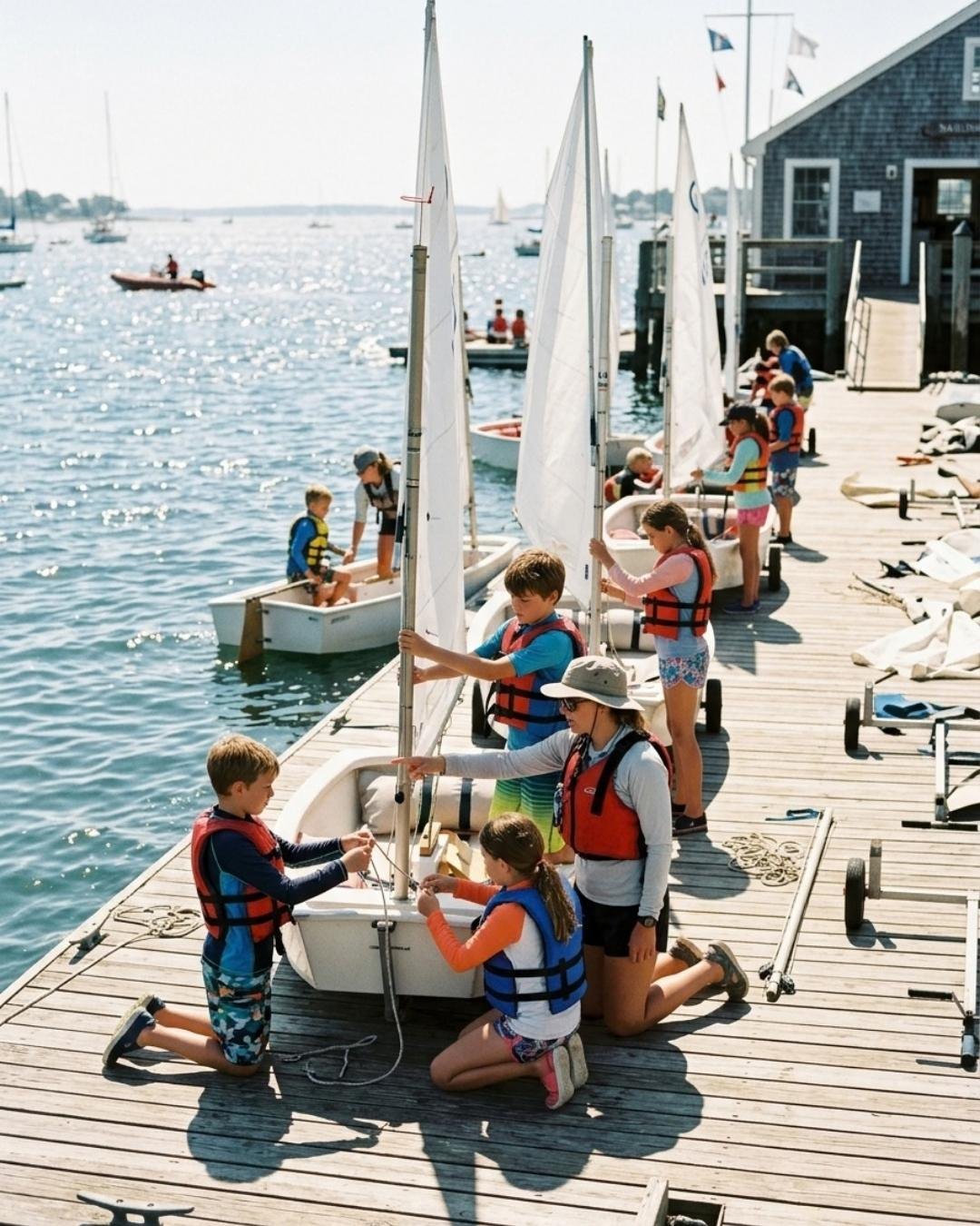 Eine Segelschule am Steg, Kinder in Schwimmwesten — Website-Erstellung für Wassersportzentren und Kajakverleih