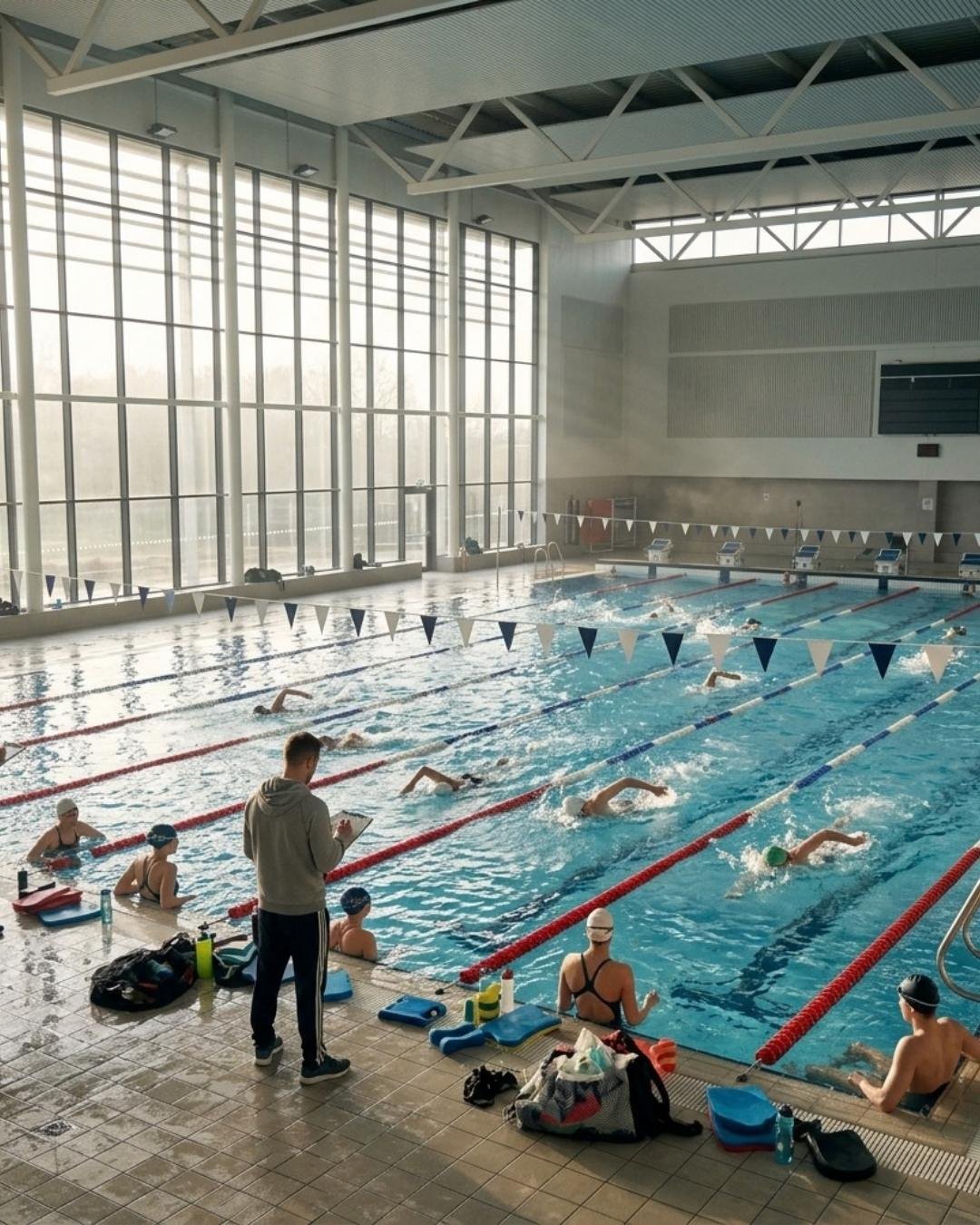 Nuotatori in una piscina coperta, corsie tutte occupate — il software BetterSport per centri immersioni