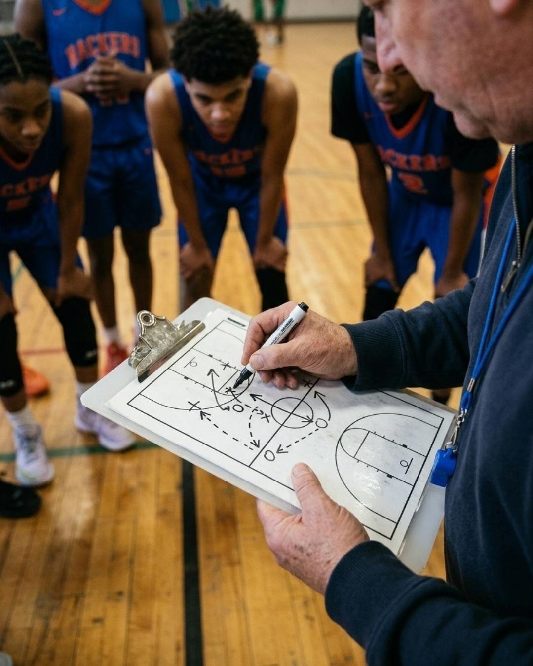 Un allenatore di basket che disegna uno schema — illustrazione della pagina software club di basket