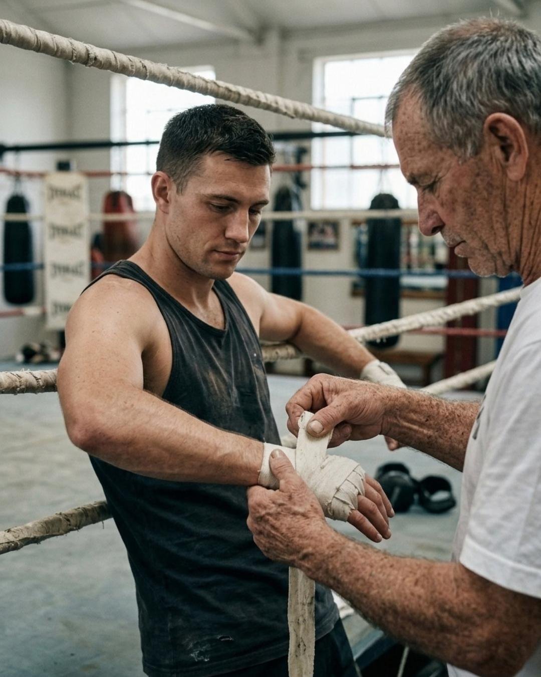 Ein Trainer legt einem Boxer die Bandagen an — Illustration der Software-Seite Boxclub
