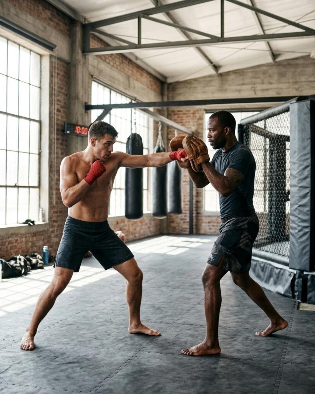 Zwei Boxer beim Pratzentraining in der Halle — Verwaltungssoftware für Boxclubs