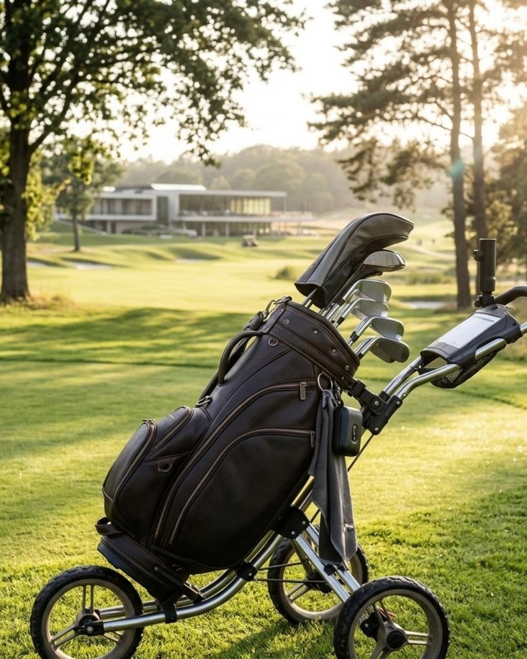A golf trolley out on the course — website design for golf courses