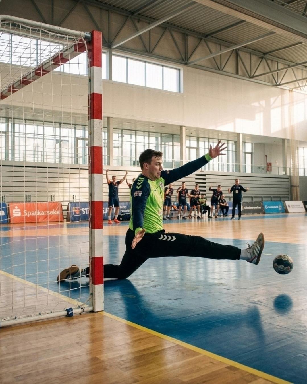 Ein Handballtorwart, der sich auf der Linie streckt — Illustration der BetterSport-Seite Handballverein