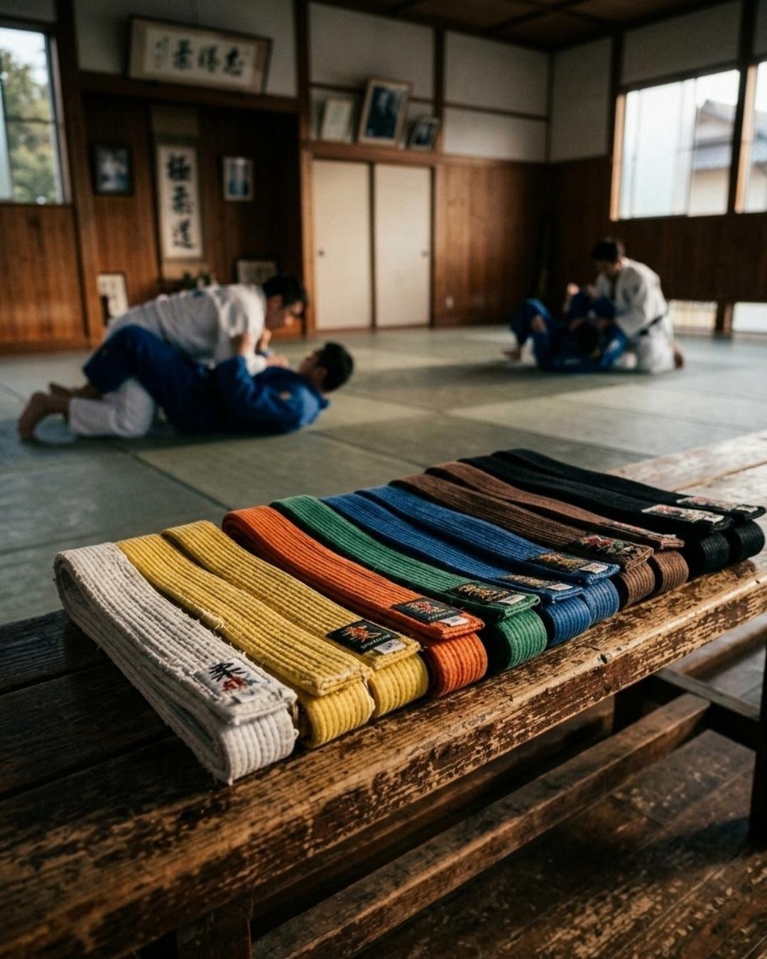 Cinture di judo allineate a bordo tatami — sito web di un club di judo