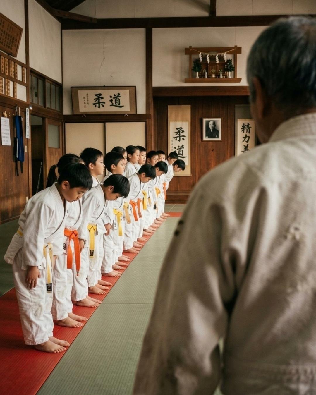Un dojo di judo durante il saluto, bambini in fila — creazione di siti web per club di judo