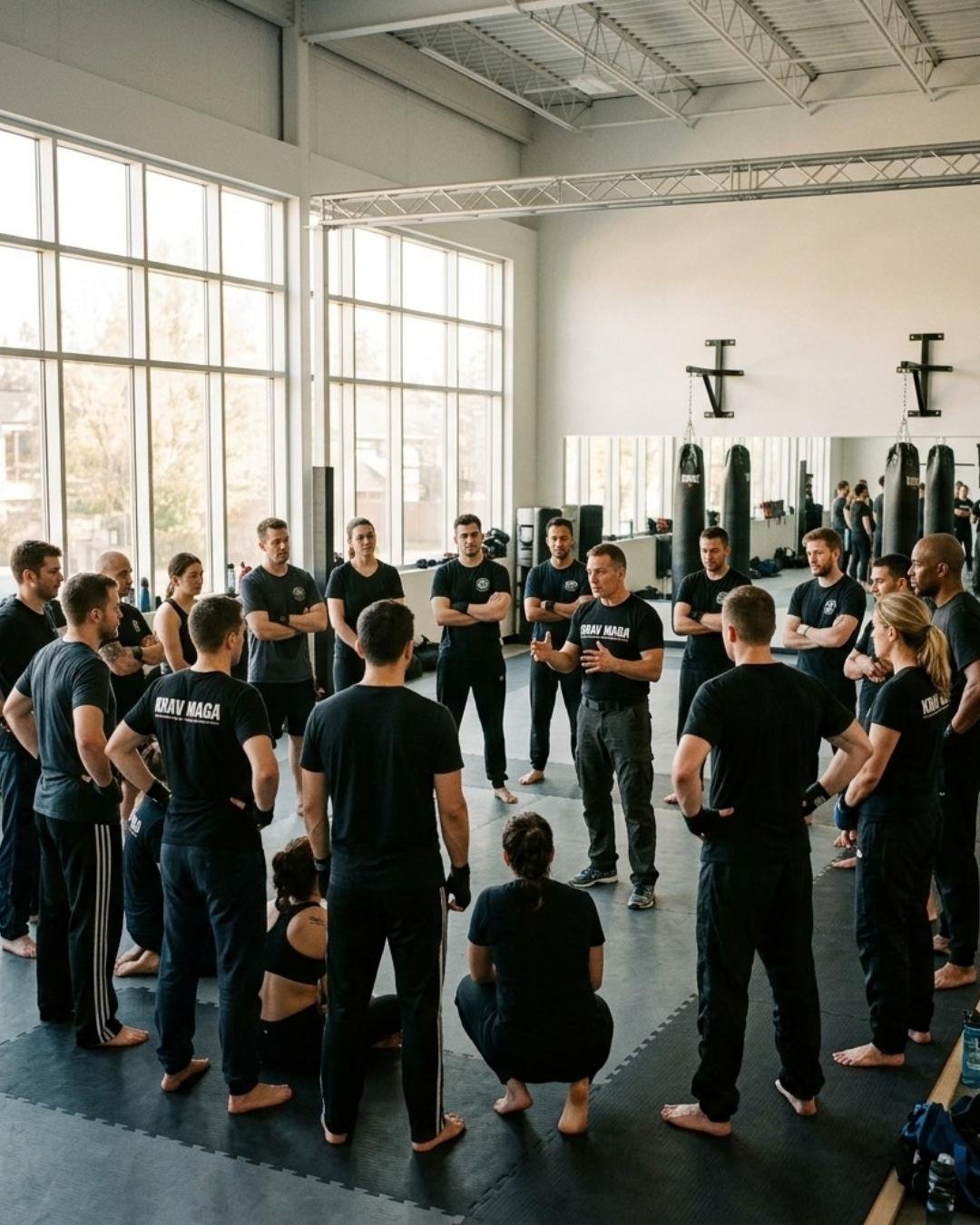 Uma aula de defesa pessoal em círculo à volta do instrutor — criação de site para clube de krav magá