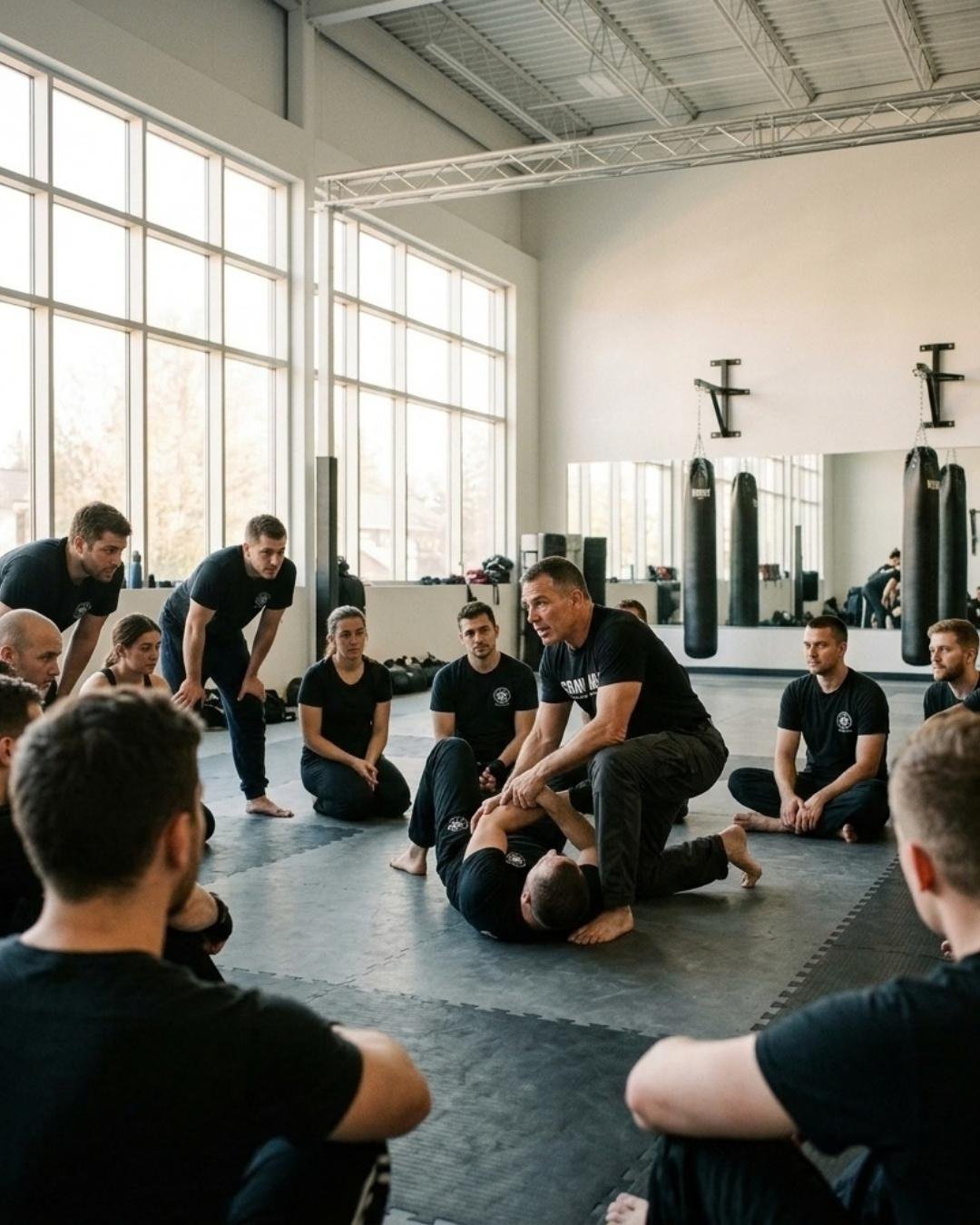 Uma aula de combate sentados em semicírculo — criação de site para clube de krav magá