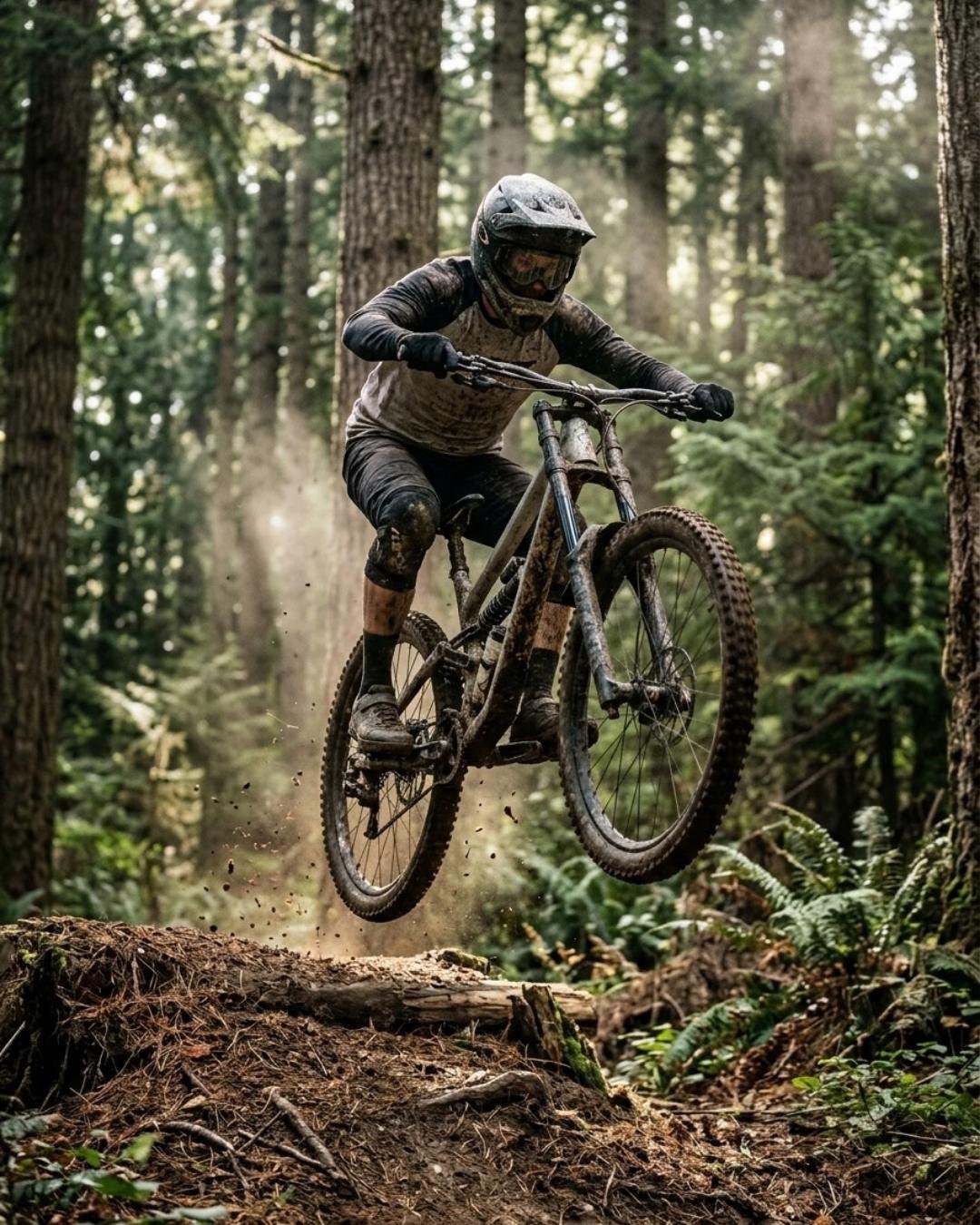 Un biker in salto su un sentiero nel bosco — creazione di siti web per scuole di sci