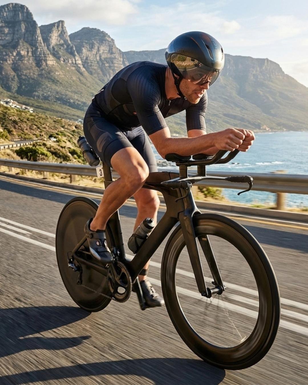 Un ciclista in posizione aerodinamica su una strada costiera — illustrazione della pagina scuola di sci di BetterSport