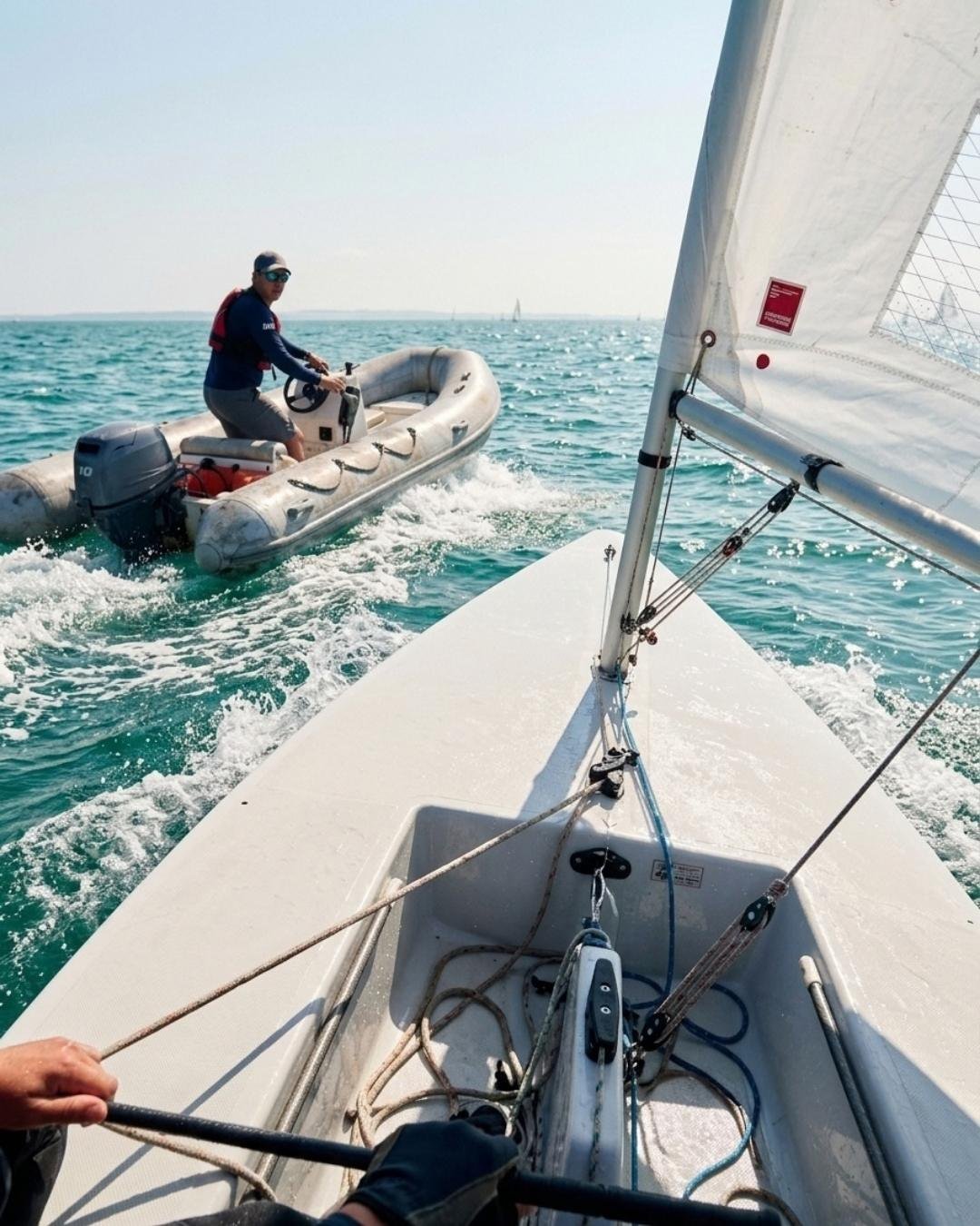 Ein Begleitboot hinter der Flotte — Website einer Surfschule
