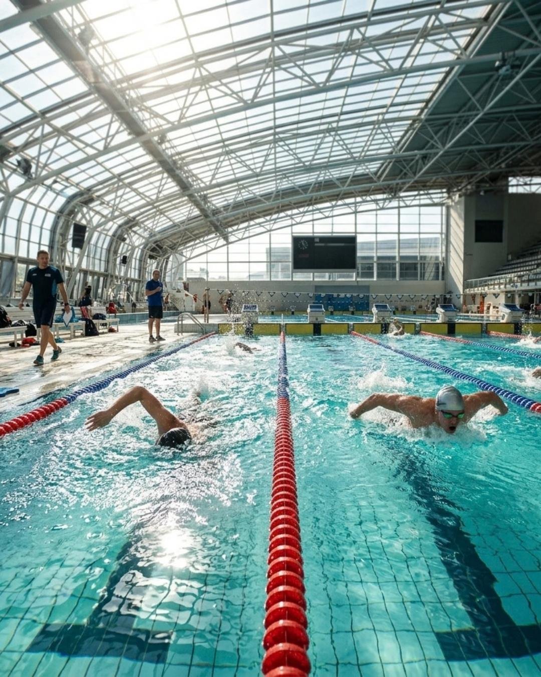 Zwei Schwimmer beim Kraulen in einem Wettkampfbecken — Website eines Schwimmbads mit Aquafitness