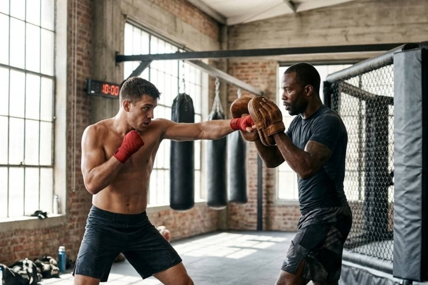 Dos boxeadores trabajando con manoplas en el gimnasio — creación de sitio web para entrenadores de boxeo