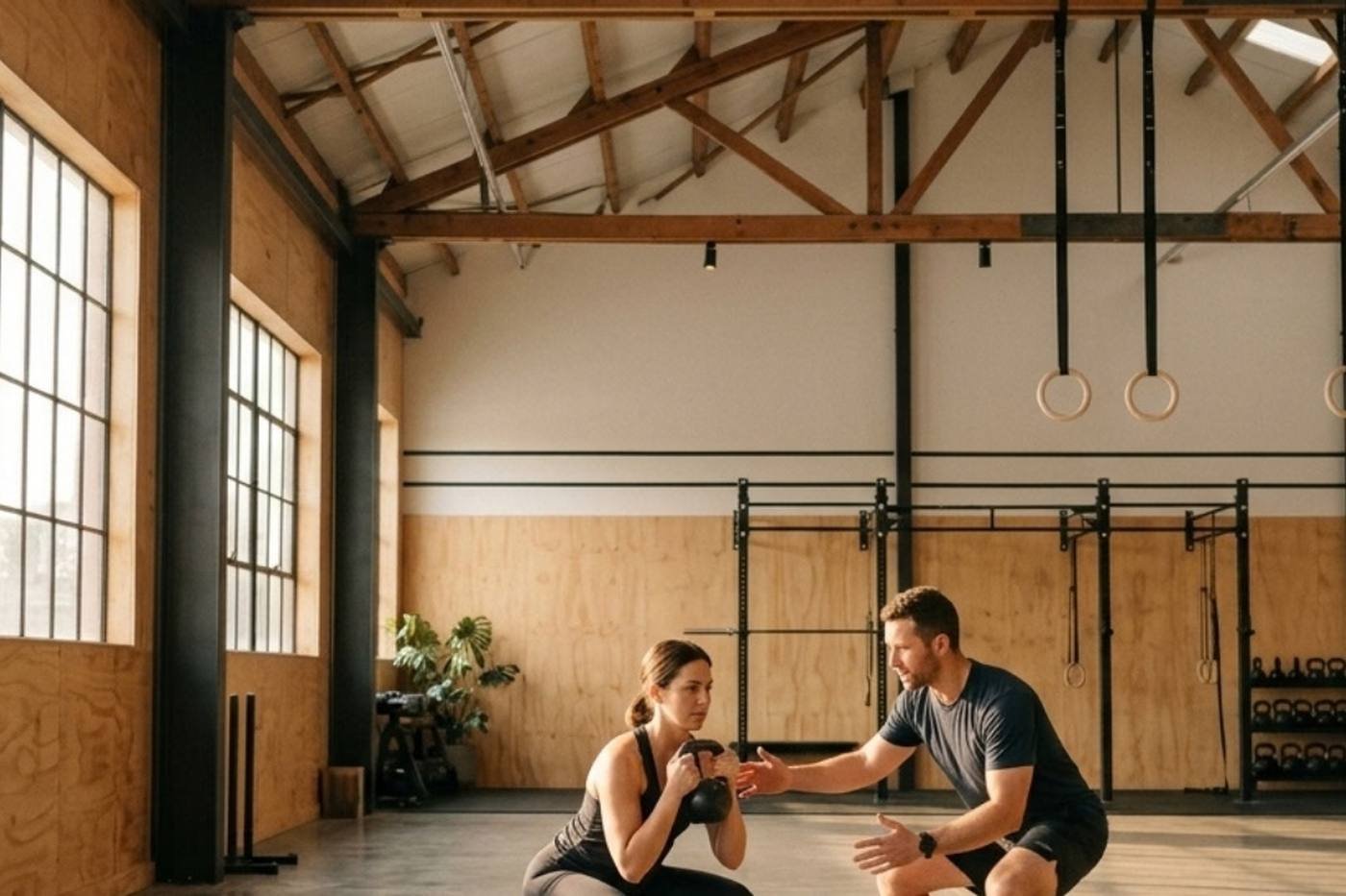 Due praticanti in squat con palle zavorrate in una sala luminosa — creazione di siti web per allenatori di CrossFit