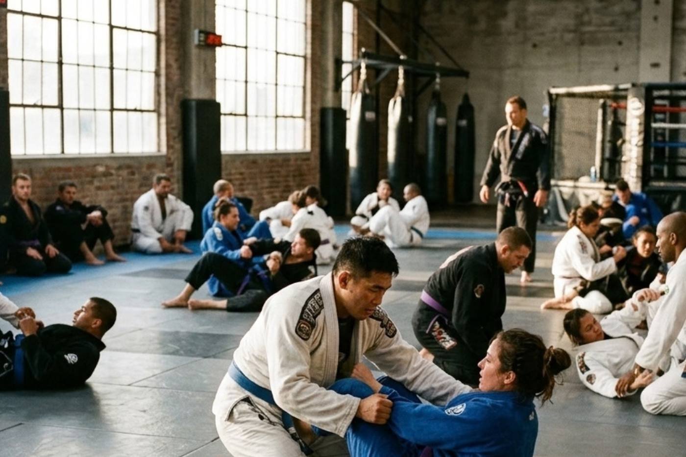 A gi jiu-jitsu class on the ground — website design for MMA and BJJ coaches