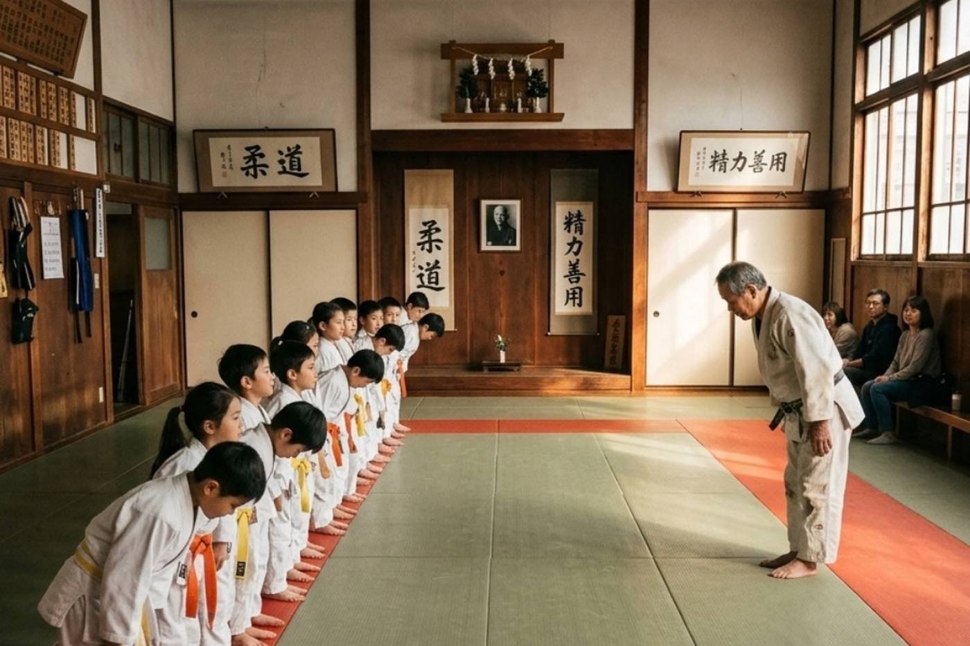 Un dojo schierato per il saluto d'apertura — creazione di siti web per insegnanti di arti marziali