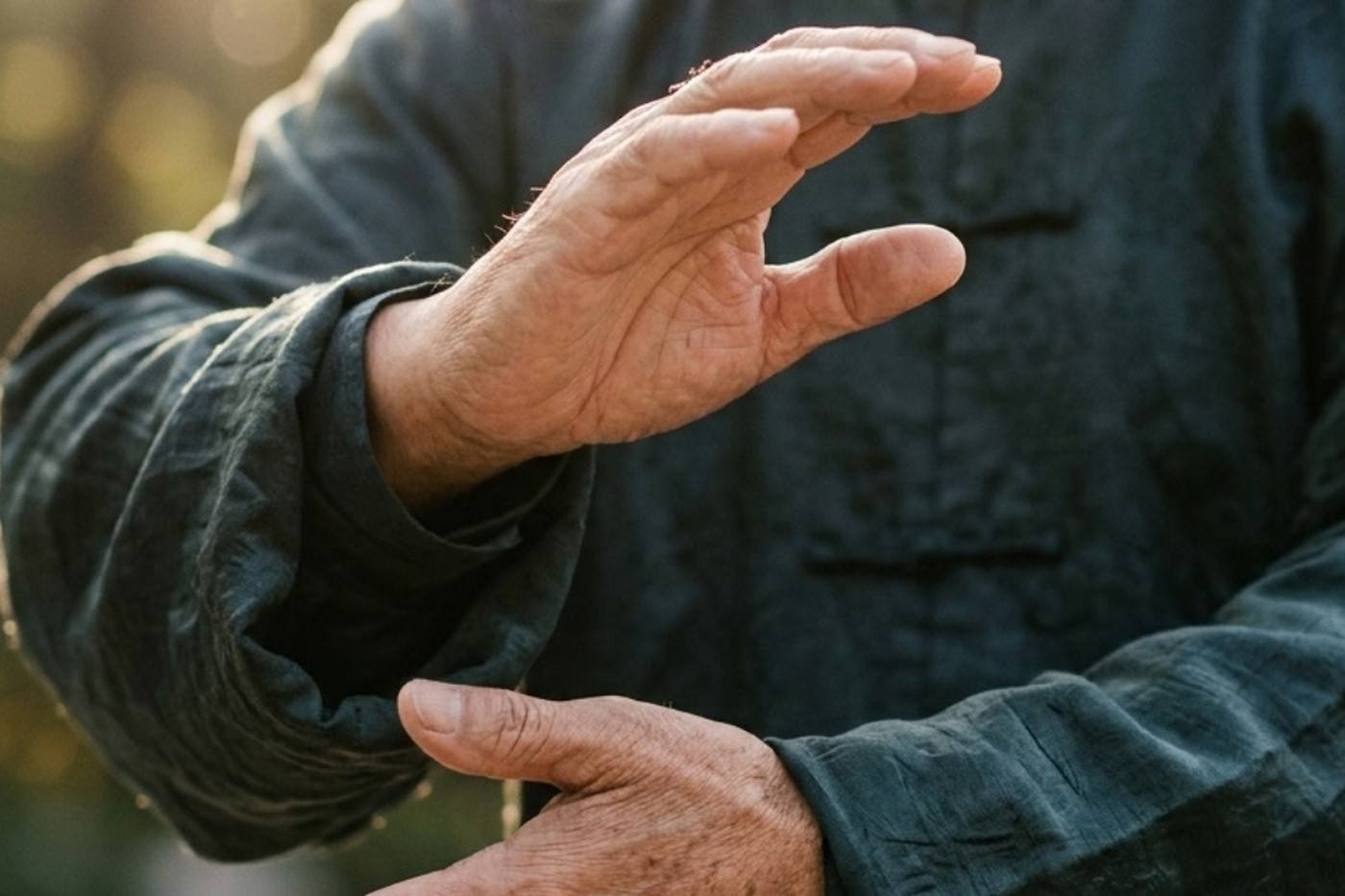 Le mani di un praticante di tai chi in movimento — creazione di siti web per insegnanti di tai chi e qi gong