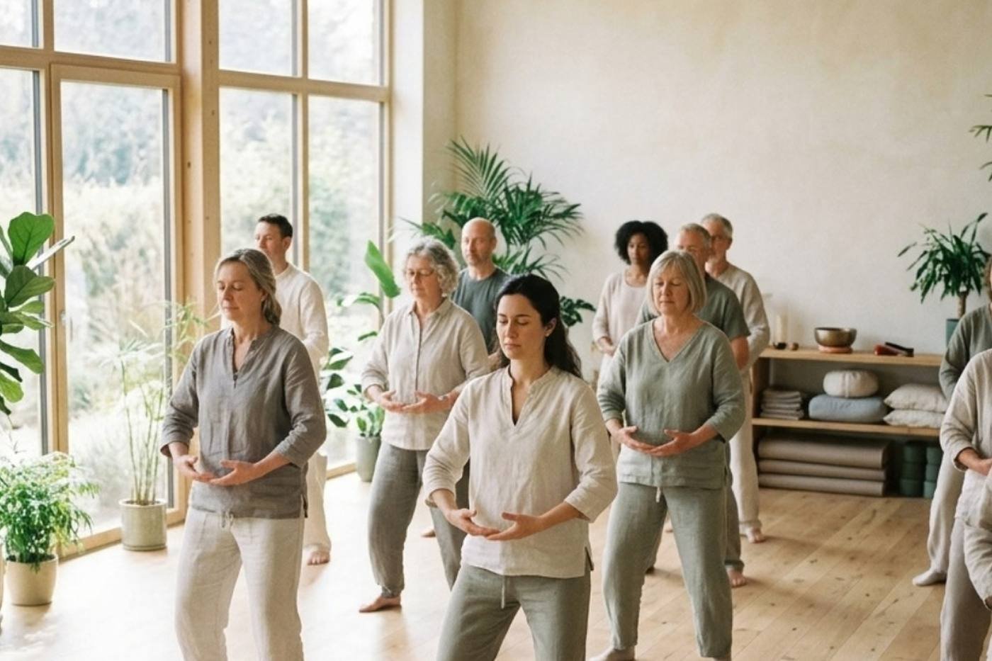 Cours collectif de yoga, illustrant un logiciel pour coach et studio de yoga