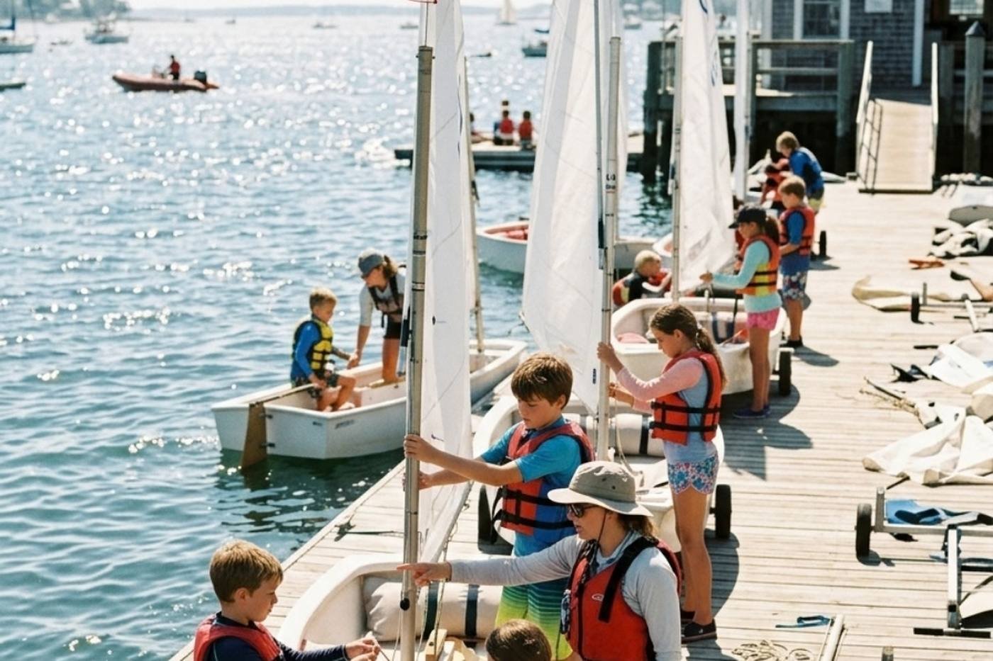 Eine Segelschule am Steg, Kinder in Schwimmwesten — Website-Erstellung für Wassersportzentren und Kajakverleih