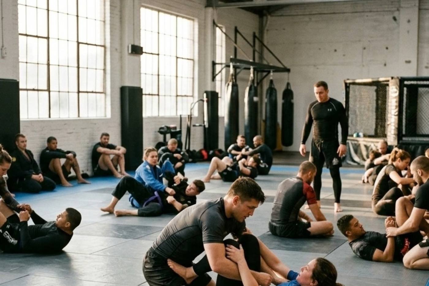 Una lezione di grappling a terra sul tatami — creazione di siti web per club di arti marziali e MMA