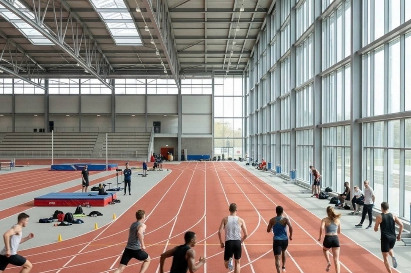 Corredores numa pista de atletismo coberta — criação de site para clubes de atletismo