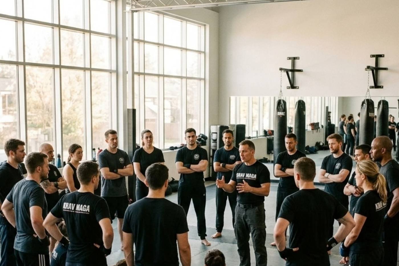 Uma aula de defesa pessoal em círculo à volta do instrutor — criação de site para clube de krav magá