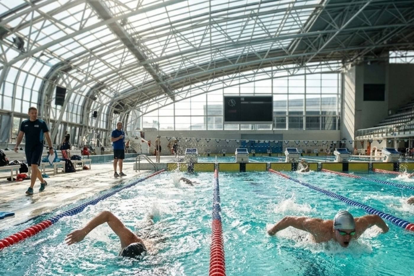 Dois nadadores a crol numa piscina de competição — criação de site para clubes de natação