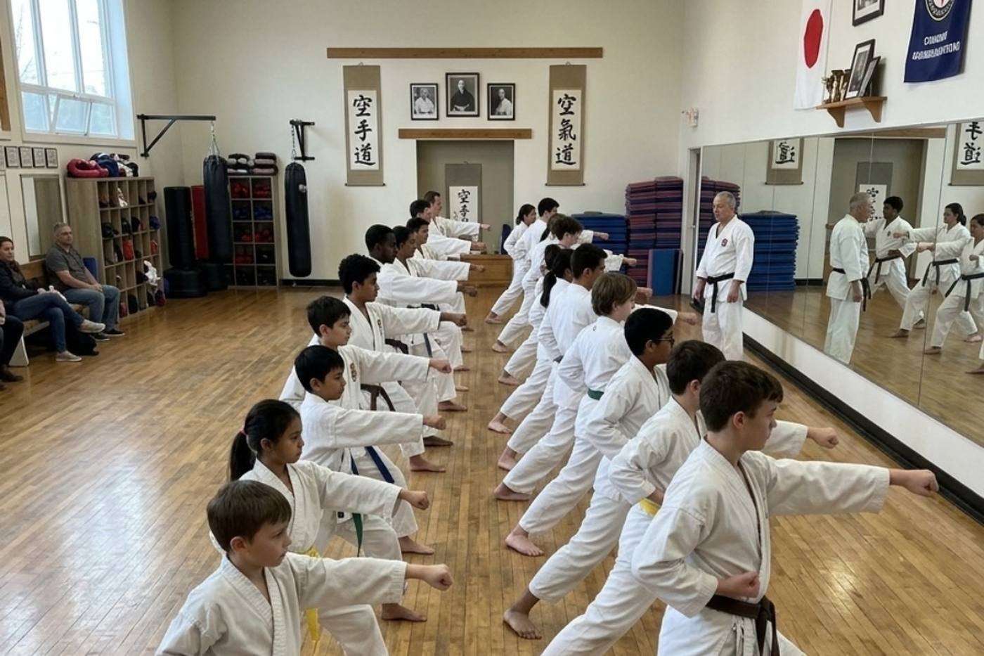 A children's martial arts class lined up in the dojo — website design for taekwondo clubs