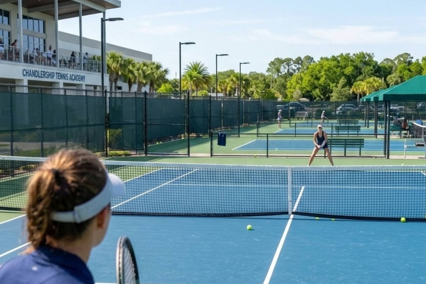 Terrain de tennis vu d'ensemble, illustrant un logiciel de réservation de court