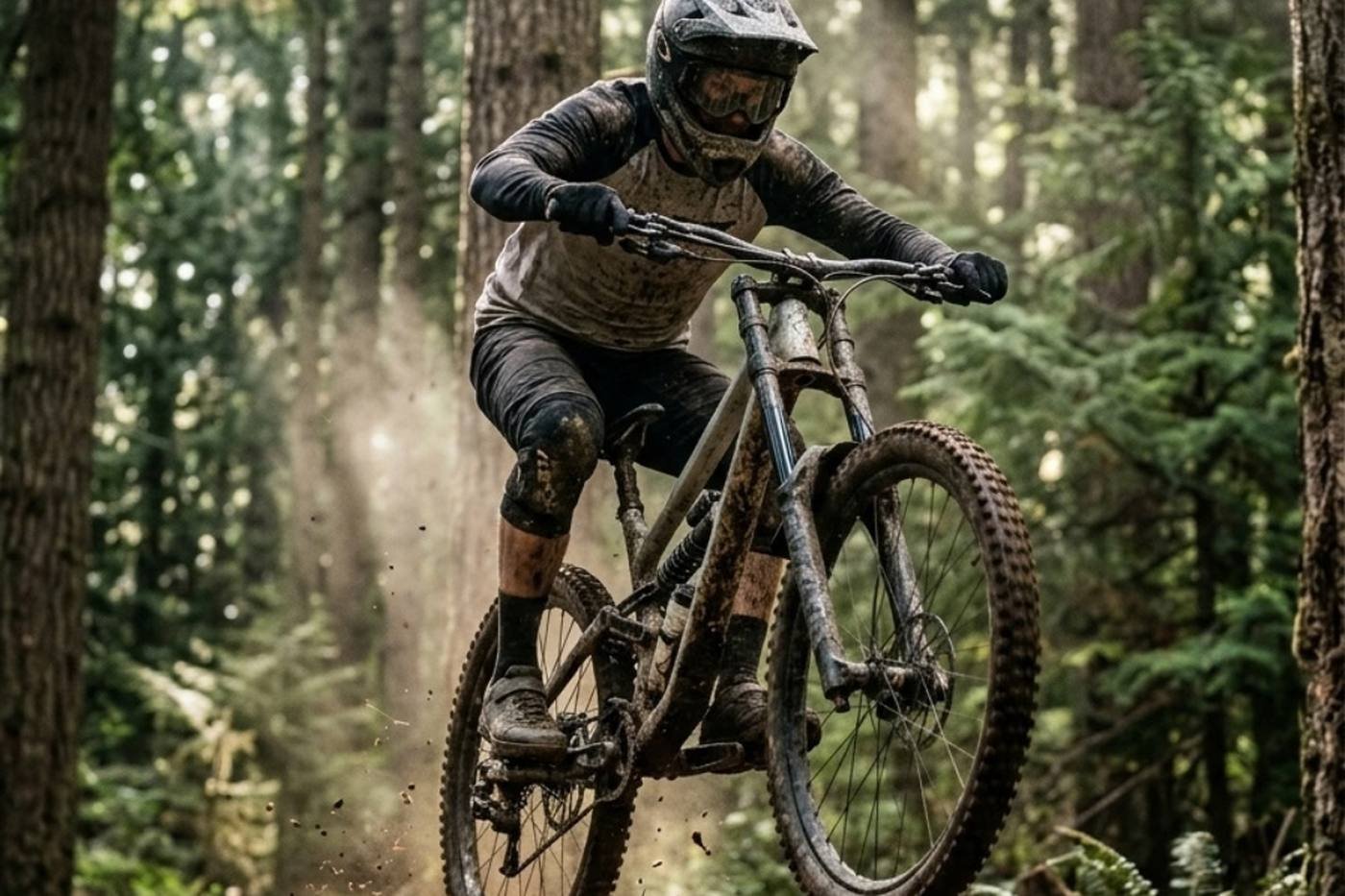Un biker in salto su un sentiero nel bosco — creazione di siti web per scuole di sci