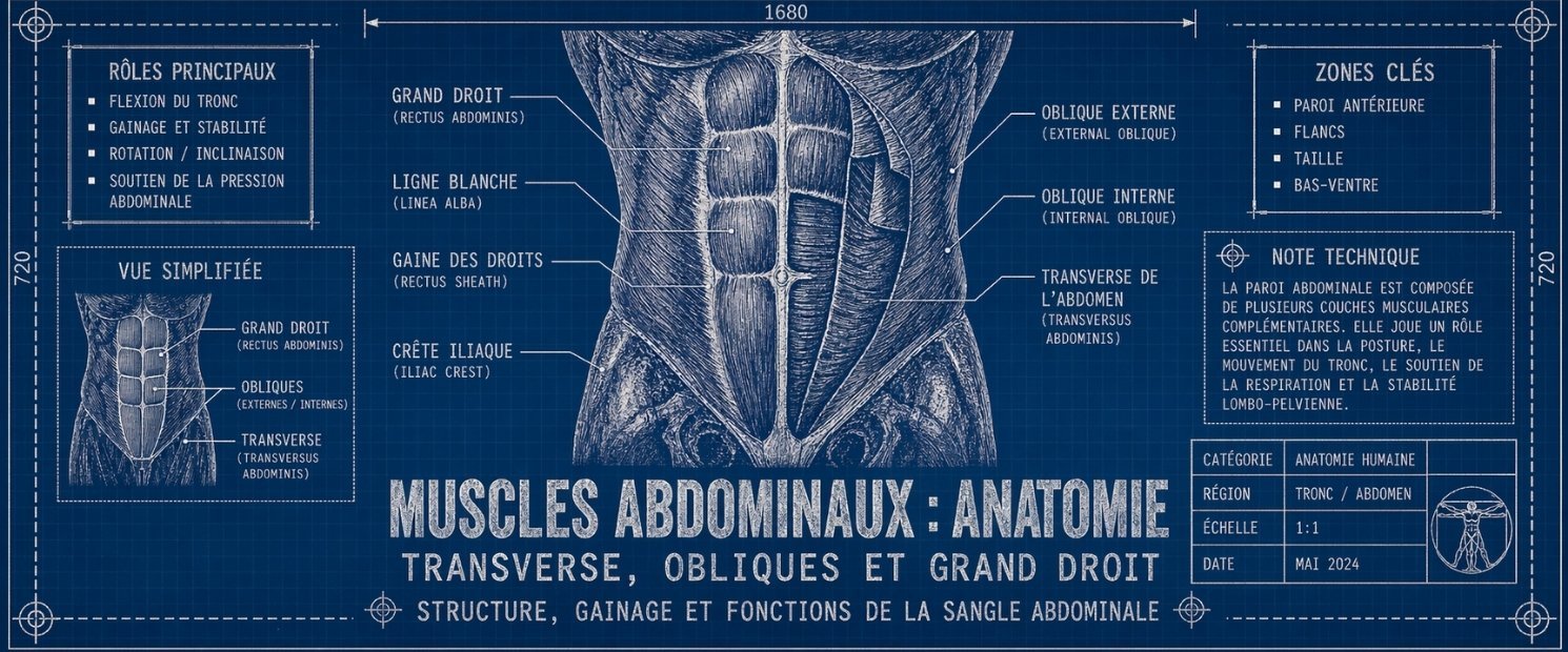 Muscles Abdominaux : transverse, obliques, grand droit - Anatomie